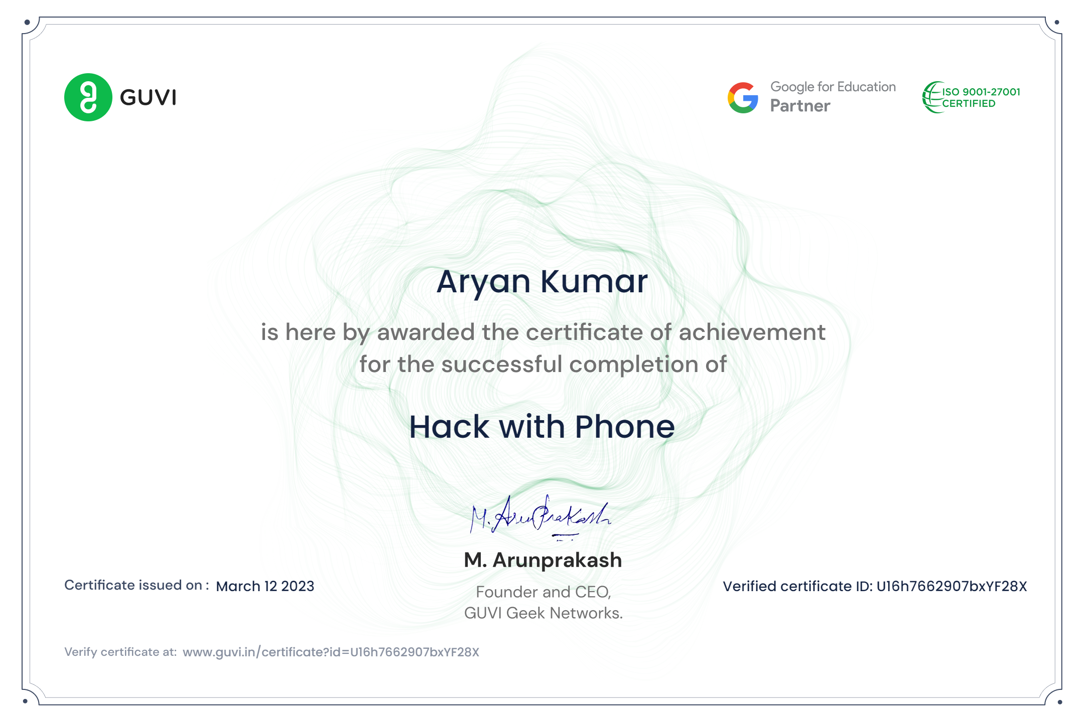 Certificate in HACK WITH PHONE